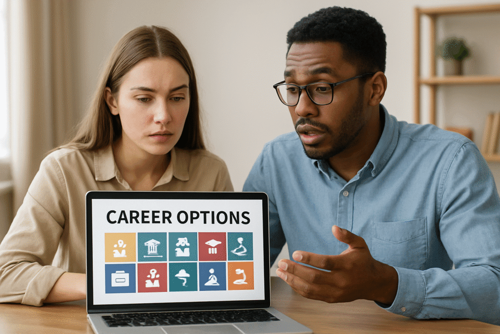 Woman and men exploring career options on laptop